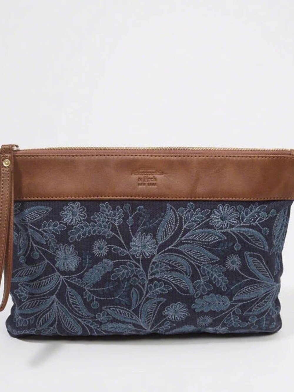 Abercrombie & Fitch Canvas Clutch Purse Indigo Floral Brown Faux Leather Trim